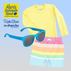 Bañador y protector contra erupciones de rayas arcoíris para niños pequeños de RuggedButts con gafas de sol azules Roshambo