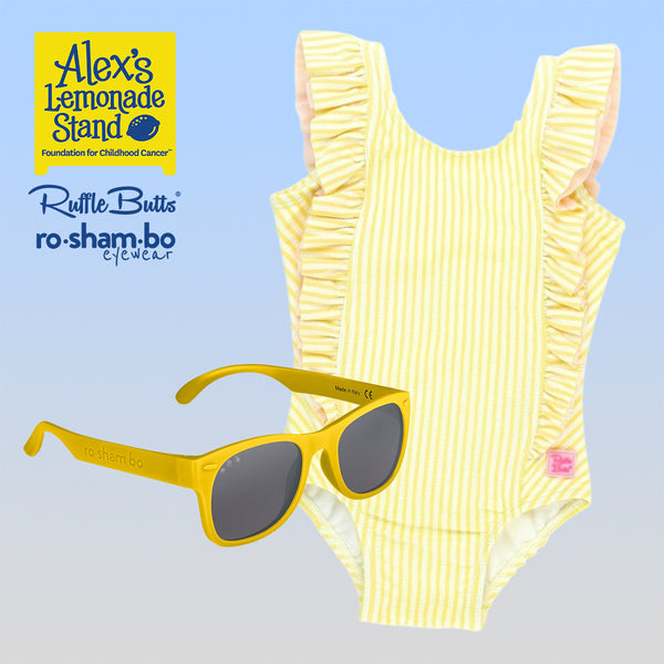 RuffleButts Toddler Seersucker One Piece with Roshambo Yellow Sunglasses