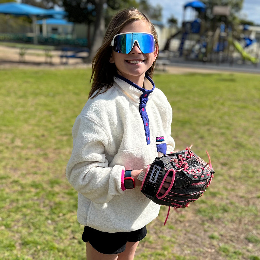 Kids Sports Wrap Glasses with Prescription Insert | Sports Wrap Sunglasses for Kids! Mirrored Rainbow / White Frame / Clear Polycarbonate Lens